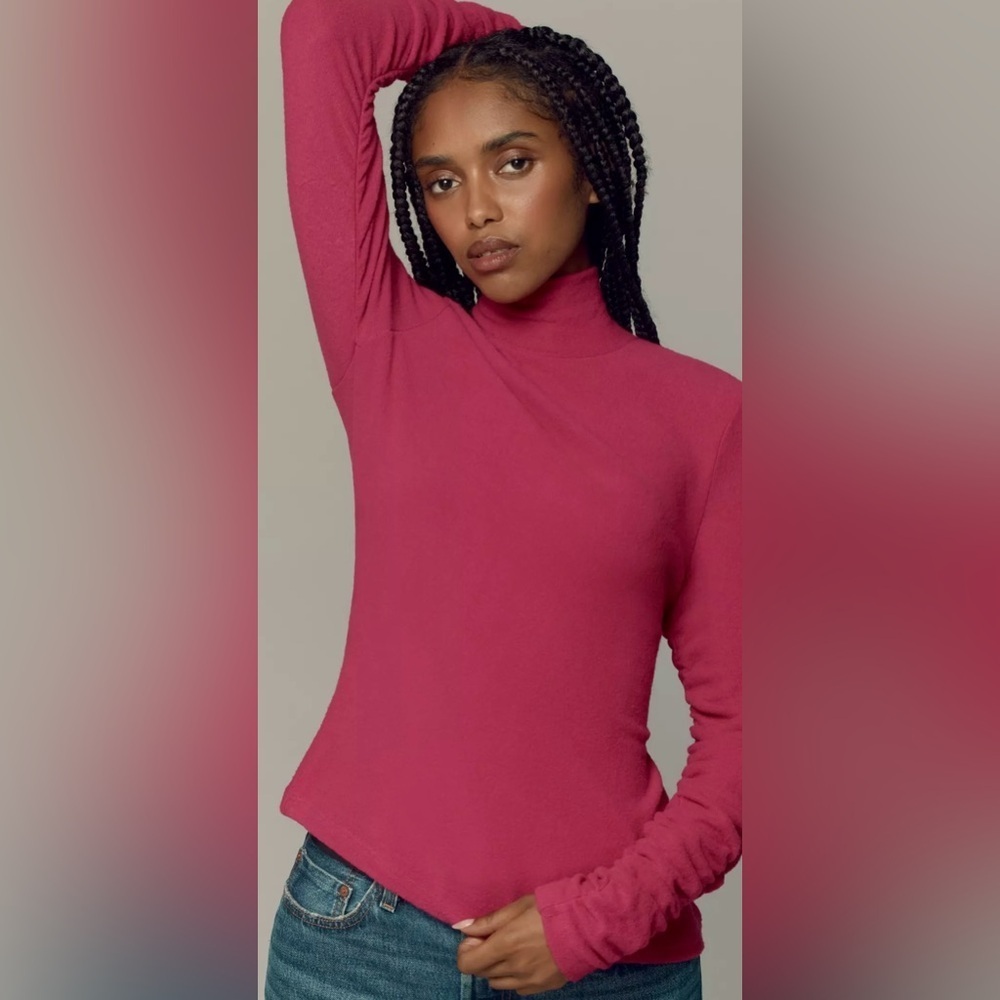 Anthropologie Pink Turtleneck Ruched Sleeve Top XXS - Picture 4 of 11